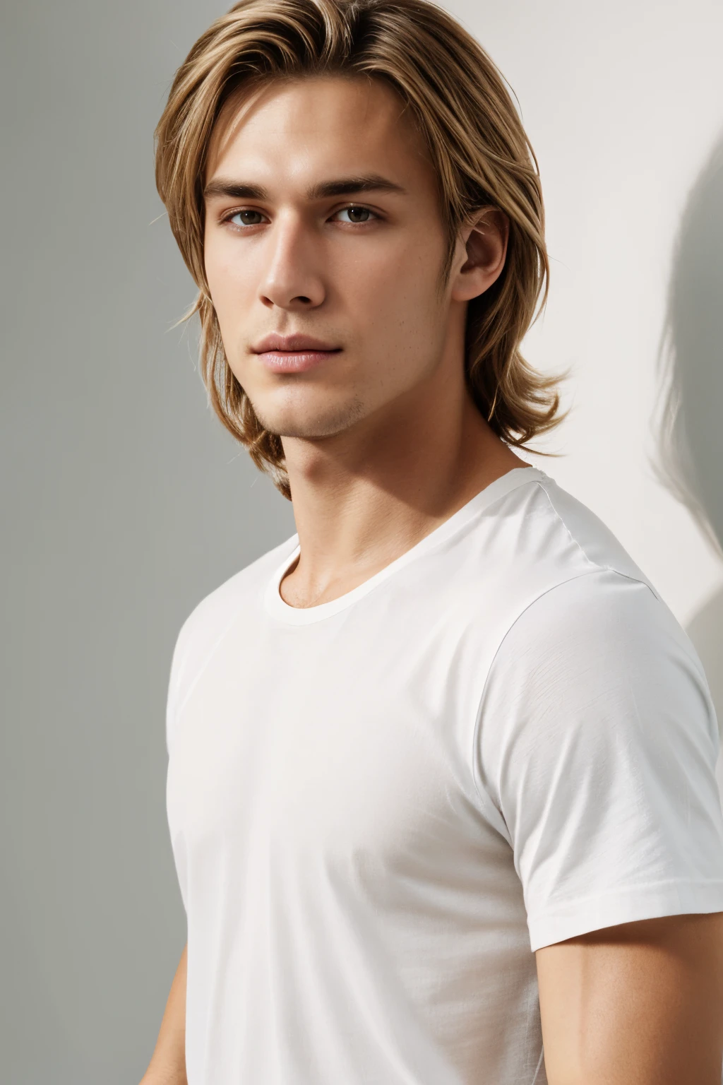 Blonde man with long hair and white shirt posing for a photo, in a white shirt, Tight shirt, wearing tight shirt, cabellos largos dorados, dressed in a white t-shirt, blonde guy, in a white shirt, Open V chest clothes, fine white shirt, detailed white, Blonde man, man in white t - shirt, dressed in a white t-shirt