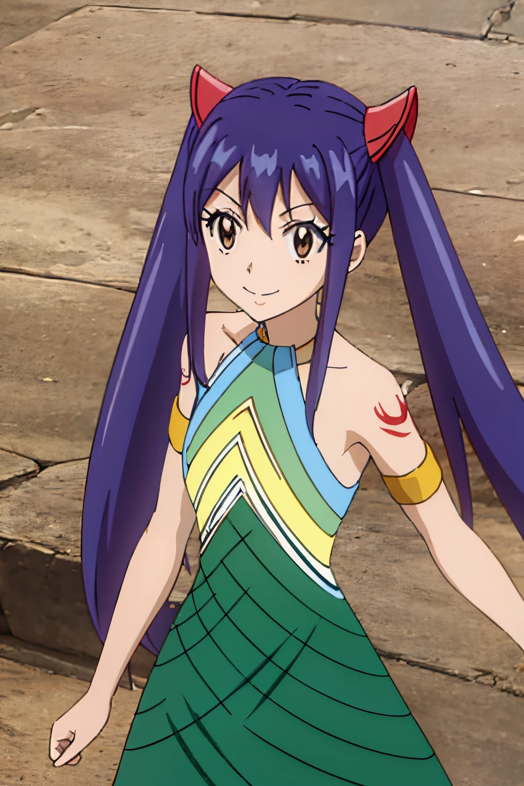 WENDY MARVELL, LONG HAIR, HAIR ORNAMENT, TWINTAILS, (BROWN EYES:1.2), BLUE HAIR, BARE SHOULDERS, TATTOO, ARMLET, DRESS, GREEN DRESS, 1girl, solo, facing viewer, looking at viewer, upper body, smile,