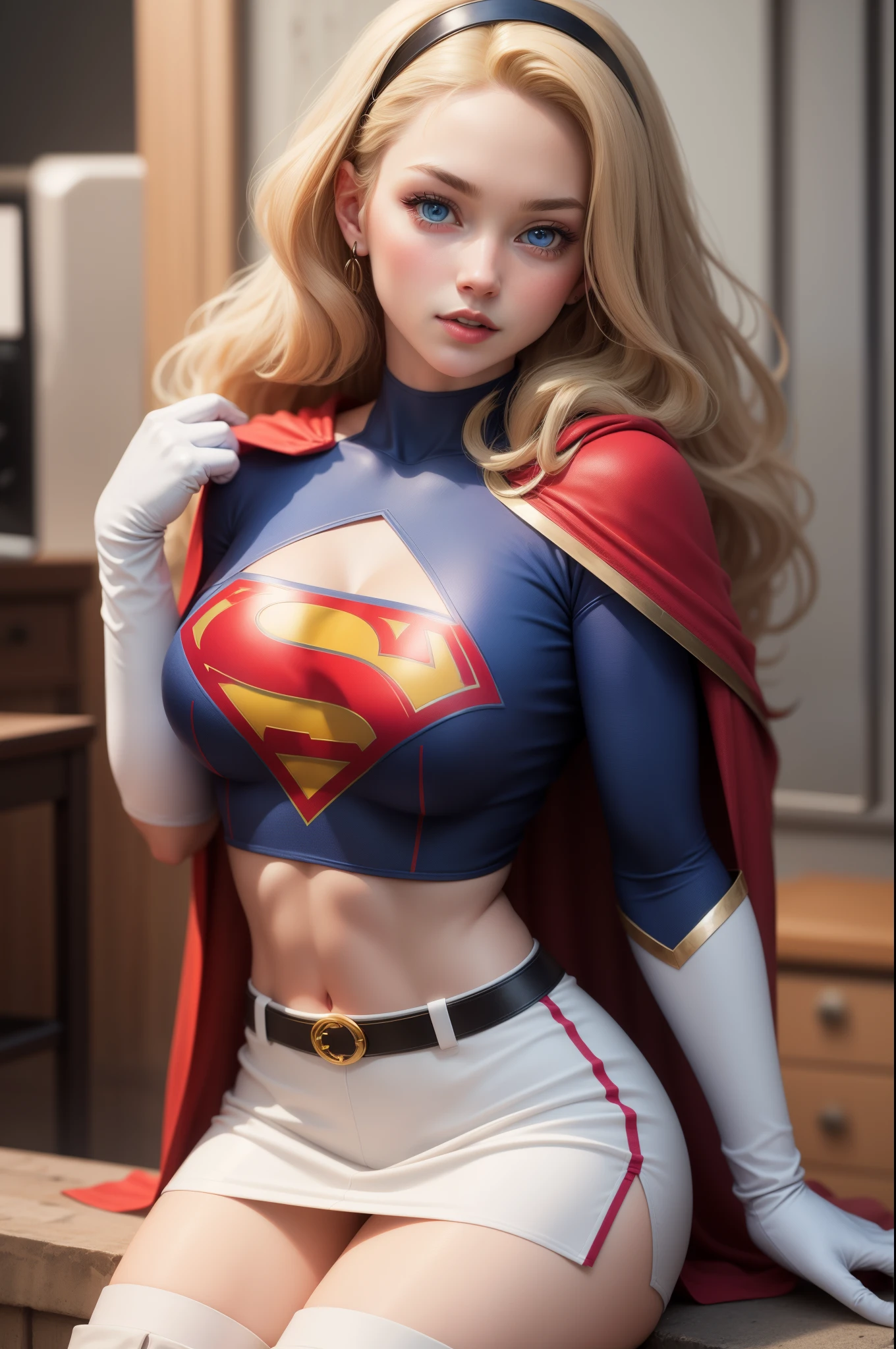 sexy Supergirl long blonde hair and blue eyes, black hairband, white croptop, short sleeves, red cape, blue pencil skirt, red boots, white gloves