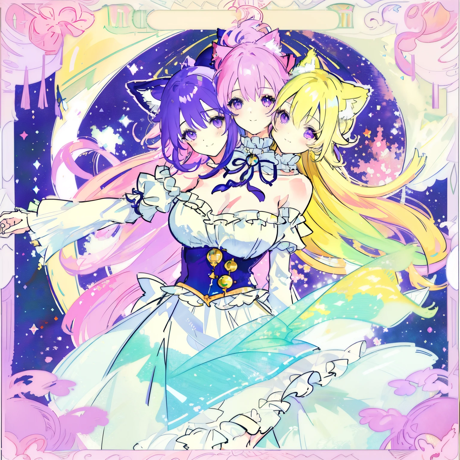 (masterpiece, best quality), best resolution, (2heads:1.5), 1girl, full bodyesbian、Looking at the camera、Arms on the side of the body、frontage、simple background、 Artistic portrait of a woman、a smile、virtual youtuber、pastels、multi colored、colourfull、length hair、large boob、cat ear、bow ribbon、Purple eyes(impressionist: 1.4), (tarot: 1.3),
