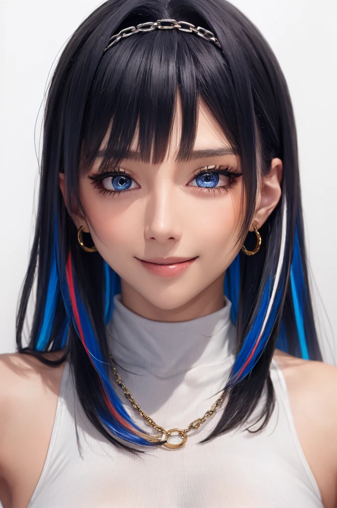 ouro kronii, 1girl, solo, long hair, looking at viewer, blush, smile, blue eyes, large breasts,  blue hair, upper body, sleeveless, white  background, streaked hair, piercing, hair intakes, ear piercing, colored inner hair,,white turtleneck, ,portrait, chain hairband, (dark skin:1.2)