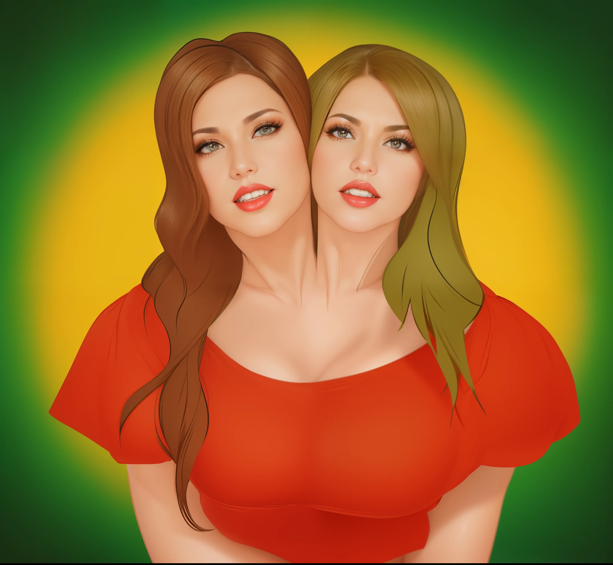 2 heads,Photo of a 50-year-old woman with brown hair, a captivating gaze, Brown eyes, Wrinkles on her face, Black pantyhose,Black High Heel Boots,She wears very sexy lingerie underwear、、Revealing her large sagging breasts, Light makeup and red lips. 32K