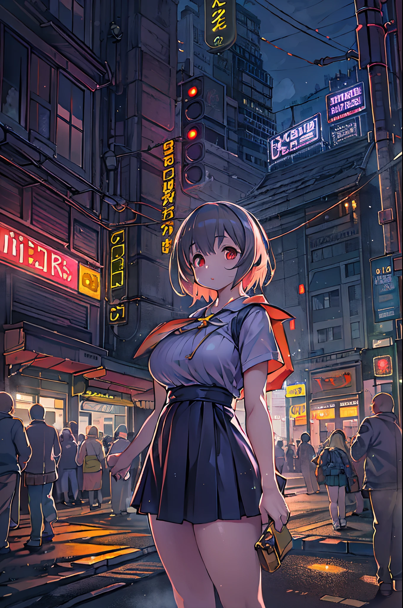 ((masutepiece)), (Best Quality),, Official art, the Extremely Detailed CG Unity 8K Wallpapers, Highly detailed, Shiny skin, depth of fields, Vivid Color,, 1girl in, (Curve:0.4), (Full body:0.6),, Short hair, Bangs, Red Eyes, Skirt, Looking at Viewer, Night, Street, neons, Looking back, Star (skyporn), Large crowds, Upper body,