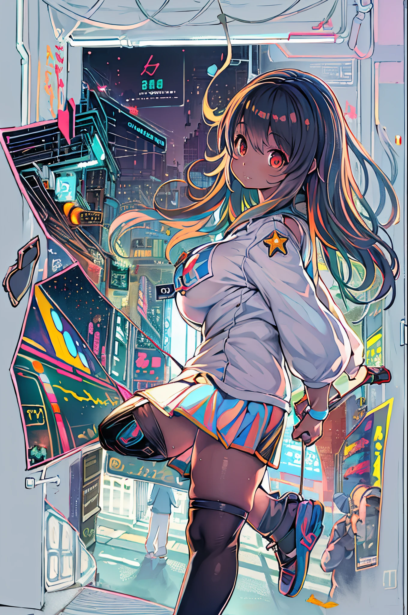 (((pixel art, 1pixel of this image is drawn using 64*64 pixels, only used 128 colors of this image))), (drooping eyes, angle from below), ((straddle to hit her panties against the edge of pipe that was installed on the ground for enjoy masturbation)), she has thick-pubic-hair, colorful shirt and skirt, outside of factory area, night