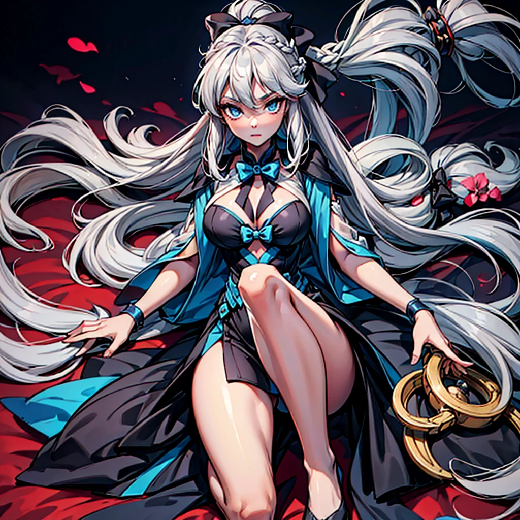 （Enrich the picture，Masterpiece level quality）Beautiful 8K CG artwork,1girl,(((solo))),morgan le fay (fate), blue eyes, Long Hair, pony tail,Very long hair, big boob, black bow, looking at viewer, gown, Hair Bow, thights, thights, black dress, Bangs, side locks, French braid, grey hair,Goddess-like posture,Kneeling exercise,Slim and soft,Translucent skin,big breasts,lying on your back,leg extension,m legs,Look at the viewer,expression to the top,on bed,