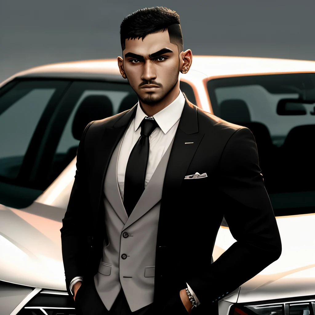 a boy look like amir khan standing beside a audi a8L portrait mode, high contrast , high resolution, with long black blazer, like a mafia