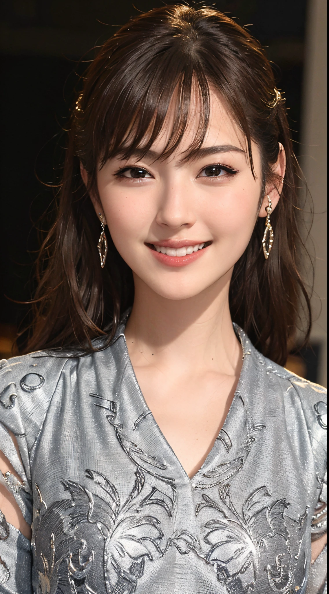 A close up of a woman wearing a silver dress and earrings - SeaArt AI