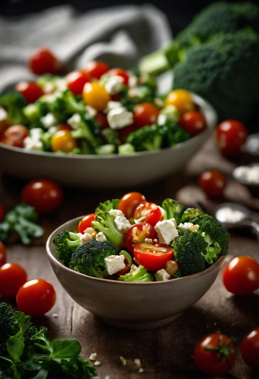 A high-resolution image of a broccoli salad, with finely chopped florets mixed with other ingredients like cherry tomatoes and feta cheese, creating a visually vibrant and refreshing dish.