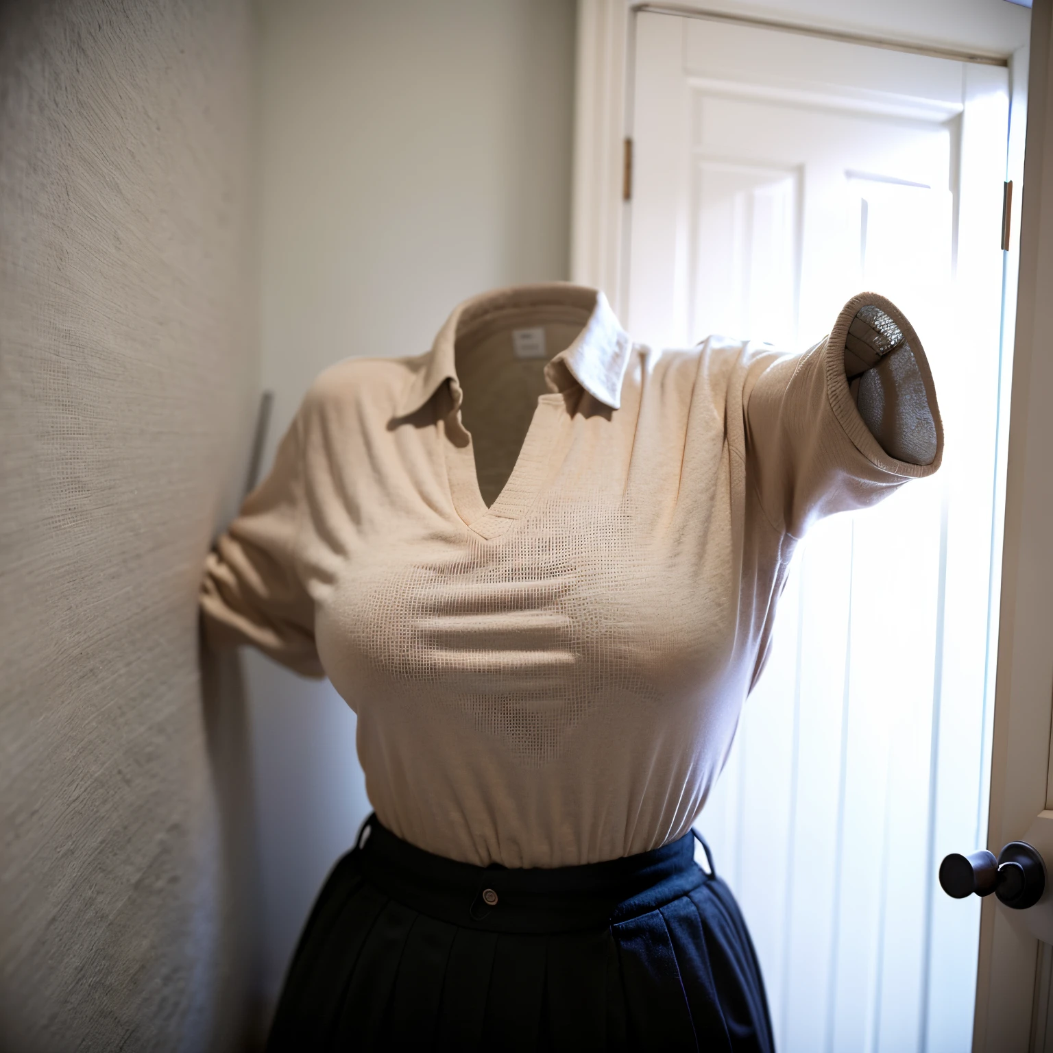 nsfw, (chubby, fat), ((on hanger)), school uniform, school tie, closet, (naked above the waist, stripped to the waist, shirtless), (invisible upper body), (Seductive pose, cute pose), (invisible:1.5, no humans:1.5, headless:1.5, faceless:1.5), (cute big breasts), (8k, RAW photo, best quality, masterpiece:1.2), (realistic, photo-realistic:1.37), photon mapping, radiosity, ((Hasselblad photography)), physically-based rendering