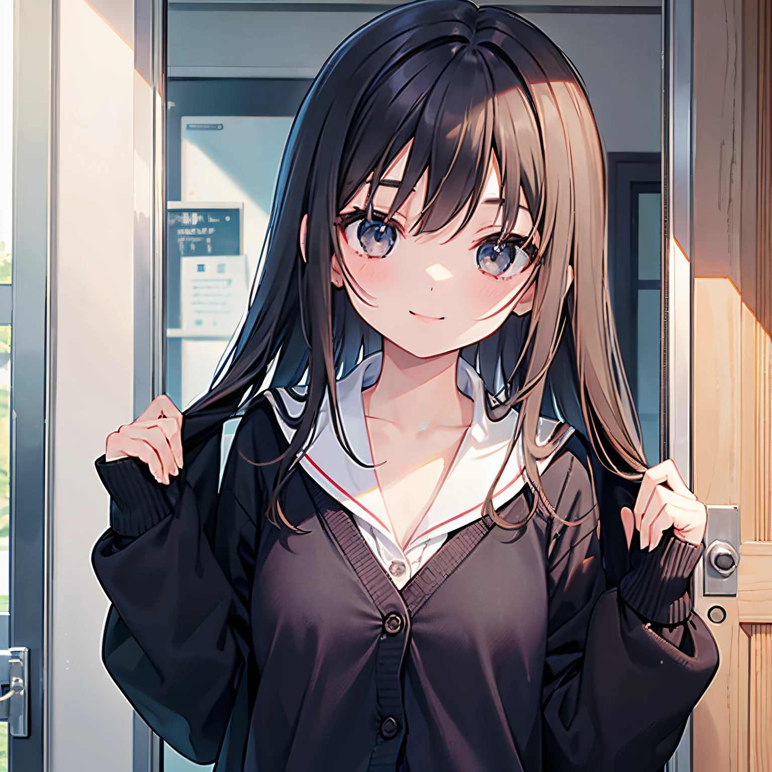 girl with、1 persons、18year old、Dark hair、Black eyes、length hair、A smile、huge smile、Smaller chest、Schools、校服、Classroom、Cardigan、Hide at the door
