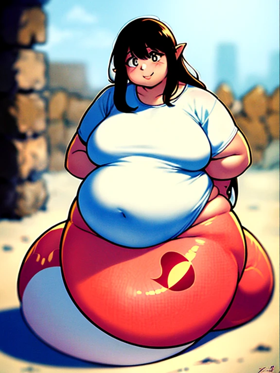 ((Masterpiece)), 4K, realistic anime, obese 1girl, obese lamia, scales, white shirt, full body, obese body, Original Character, fat arms, fat belly, big cheeks, cute and fat face, fat taill, Volumetric Lighting, Best Shadows, Shallow Depth of Field, Stunningly Beautiful Girl, Petite, Delicate Beautiful Attractive Face, WeightObese