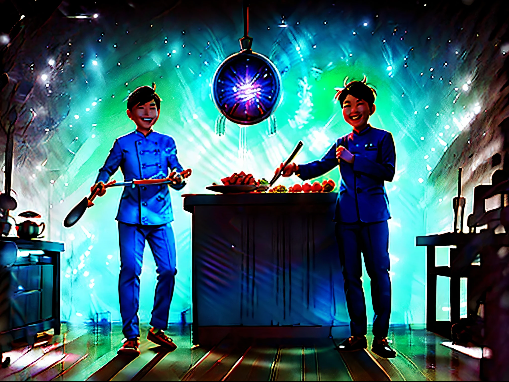 In a modern kitchen, a handsome Chinese man in his 30s, wearing a smile and pajamas, is holding a cooking spatula and stir-frying under soft lighting
