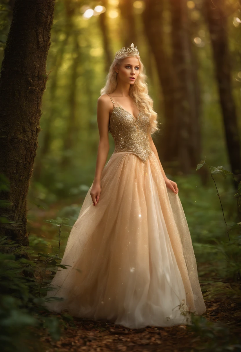 A photo of Princess wearing a fairy costume, sprinkling glitter in a magical forest,original,The most beautiful girl in every room. She is blonde and blue eyes. She is Russian and have the model physique. Very tall, lean physique