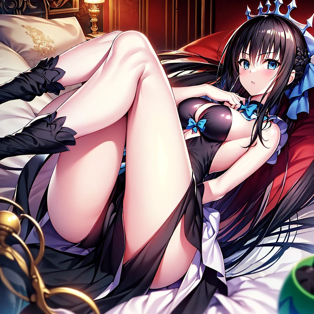(Enrich the picture,Masterpiece level quality)Beautiful 8K CG artwork,1girl,(((solo))),morgan le fay (fate), blue eyes, Long Hair, pony tail,Very long hair, big , black bow, looking at viewer, gown, Hair Bow, thights, thights, black dress, Bangs, side locks, French braid, grey hair,Goddess-like posture,Kneeling exercise,Slim and soft,Translucent skin,big ng on your back,leg extension,m legs,Look at the viewer,expression to the top,on bed,