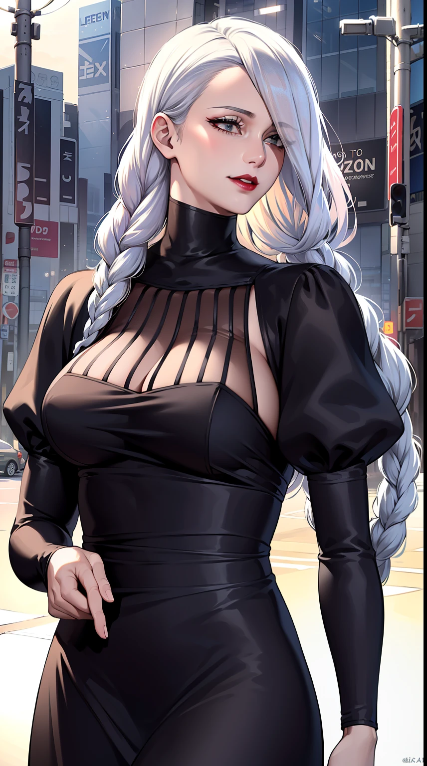 ultra realistic 8k cg, masterpiece, ((ultra detailed background, delicate pattern, intricate detail)), (highly detailed, fine details), best quality, 1girl, (photorealistic:1.4),beautiful lighting, absurdres, RAW photo, film grain, ((medium breasts, slim girl)), 1girl, MeiMei, solo, long hair, braid, black dress, hair over one eye, smile, long sleeves, braided bangs, black dress, braided ponytail, white hair, puffy sleeves, holding, turtleneck dress, makeup, red lips, one eye covered, lipstick, parted lips, single braid, (complex detailed background, outside, urban environment),