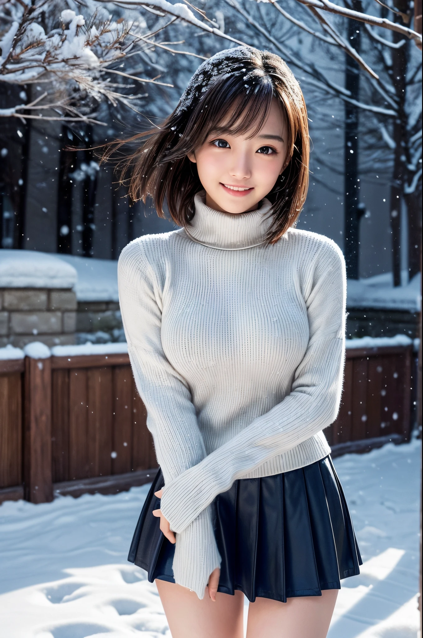 (masutepiece:1.3, Photorealsitic:1.4, 8K), top-quality, ​masterpiece, 超A high resolution, Perfect dynamic composition, Highly detailed skin and facial texture:1.3, A detailed eye, Detailed limbs, Winters, (snowflakes falling:1.2), Snowfall landscape at night:1.2, 1girl in, Cute sexy 17 year old slim woman, Fair skin, (Snow fell on my body and clothes:1.2), ((A smile:0.9, Totally captivates you:1.0)), (Thick short jacket over long sleeve turtleneck sweater:1.2, High waist mini skirt:1.1), ((voluptuous breasts:1.05)), Short boots, (Facing the front, Frolic Pose), (Beautiful blue eyes, Eyes that feel beautiful eros:0.85), Sexy face:0.4, (A mouthfeel that feels beautiful eros:0.85), ((Too cute beauty:0.9))