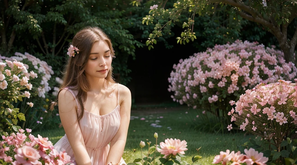 best quality,ultra-detailed,realistic:1.37,a girl in a beautiful flower garden,rosy atmosphere,soft sunlight,delicate pink flowers,pale green grass,gentle breeze,subtle shadows,ethereal beauty,peaceful vibes,transparent petals,vivid pink colors,refreshing scent,serene mood,blissful moment