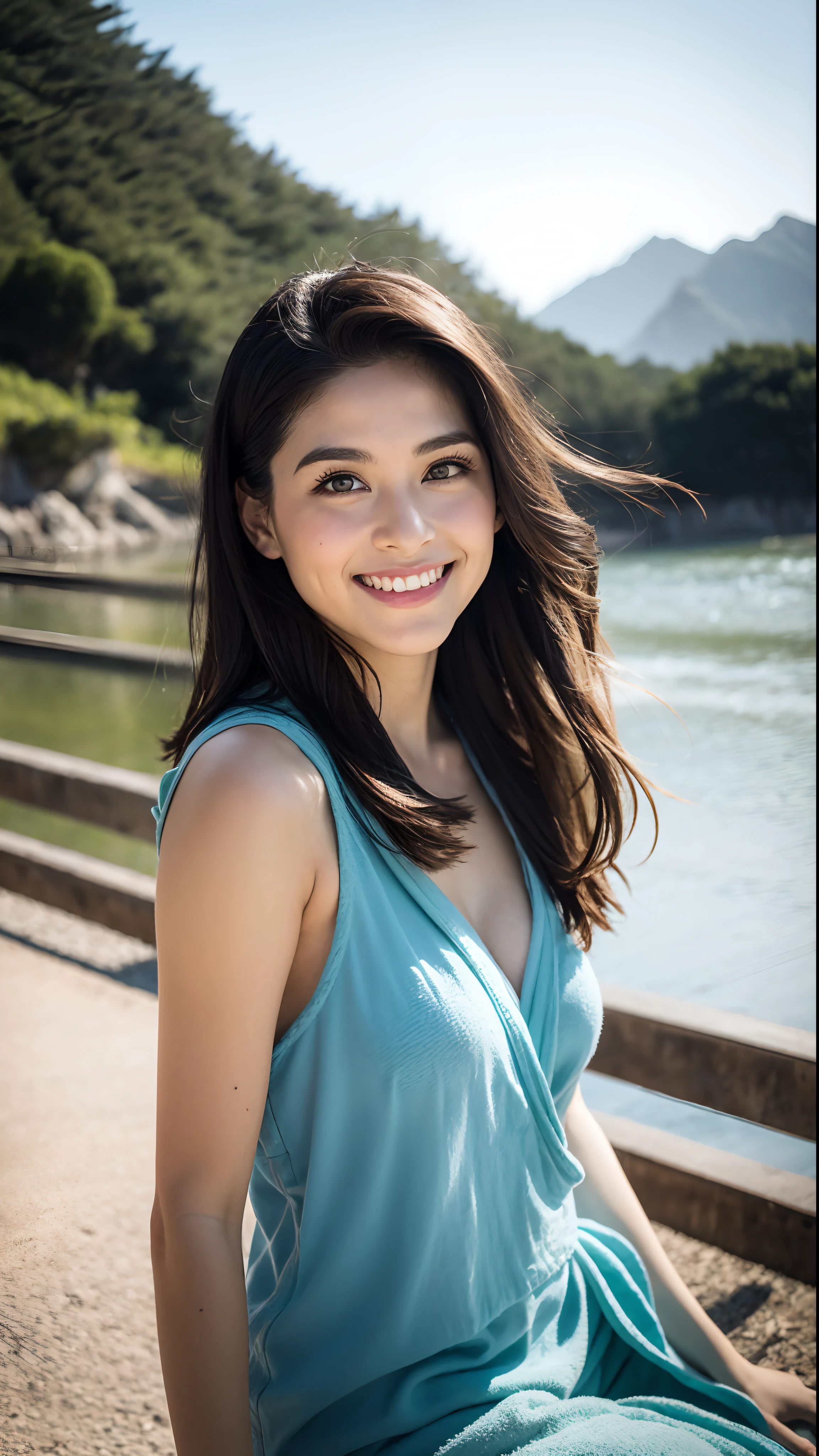 hight resolution、 One beautiful young woman、 (Soft Saturation:1.3)、(light skinned:1.2)、 (hyper detailed background、细致背景)、bokeh dof、 Romper,Portrait of smiling girl。When viewed from the front、The composition is symmetrical。 Look straight at you with serious eyes、Break towel wrap、Towel wrap、middlebreasts、 outside of house、Uncharted、Skysky、rays of sunshine、Hot Spring Resorts、mountainscape、 strong lights、front lit、 (r:1.3)、(cowboy shot:1.2)、Break angle from the front、 looking at viewert、 dynamicposes、 Sitting on the beach Wakame、wakame、wakame、wakame、wakame、wakame、wakame、