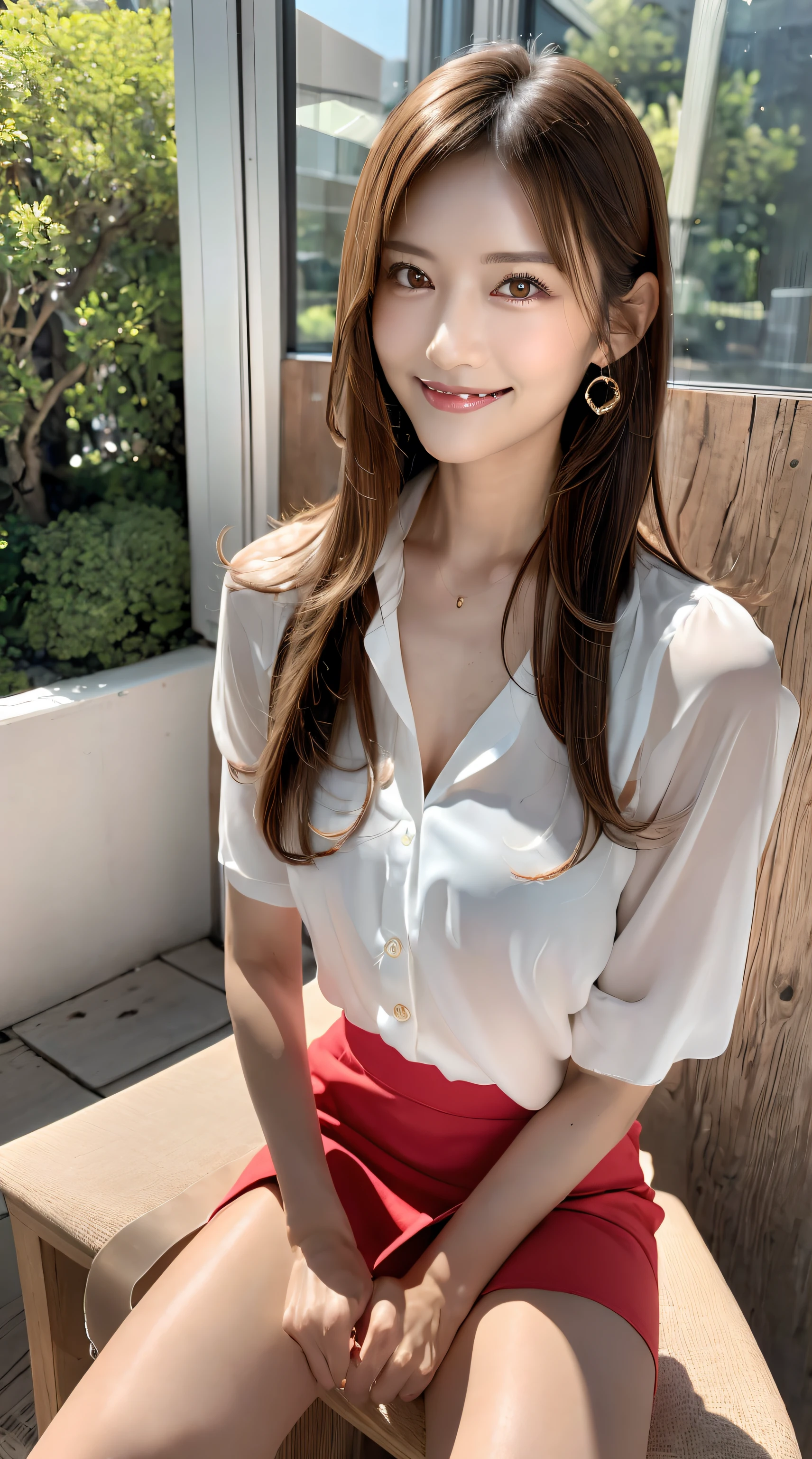 (Best Quality, masutepiece, Ultra HD: 1.3, High brightness, High color saturation), 1girl in, （middlebreasts）, light brown hair, Asymmetrical hair, straight haired, Long hair, （ slender body shape, Constricted waist）, （Ultra Fine Face）, Delicate lips, （beautidful eyes）, thin blush, eyes are brown, perfect glossy skin, View here, Smiling smile, （ hide one's hands）, （Sitting on a bench）, （thin and long legs, Thighs and toes:1.5), See-through white blouse, Tight skirt, （White pumps）, (a japanese girl, hposing Gravure Idol), Broad-leaved forest, 135 mm, Fuji Film