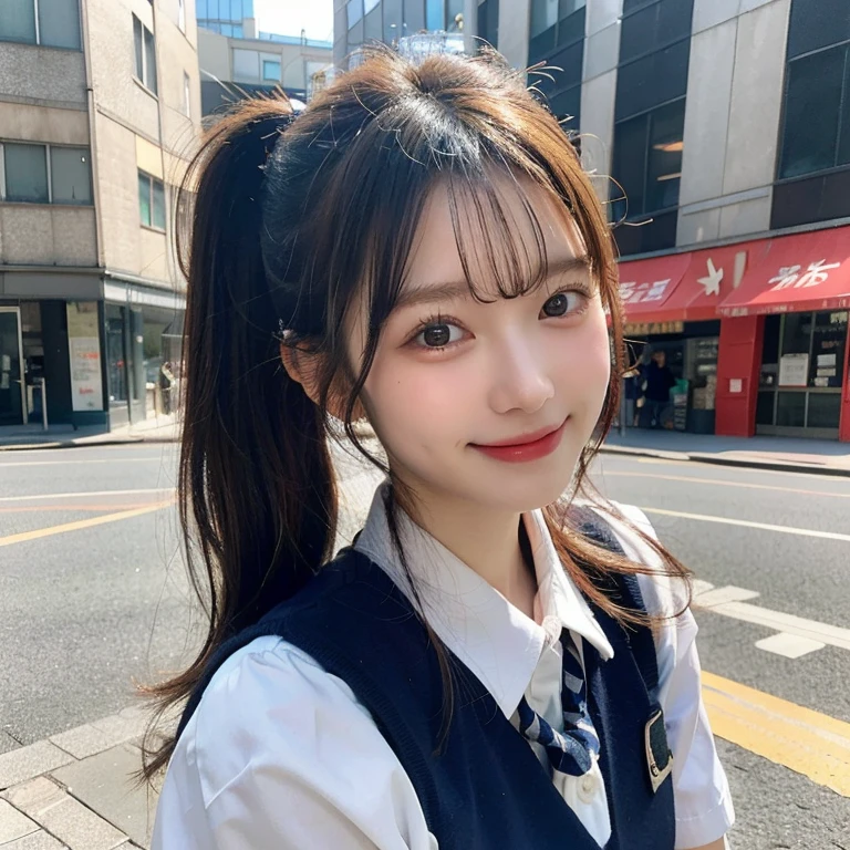 1 person beauty、Wearing school uniform、poneyTail、A smile、Photo Shot、street corner、portrait 8k