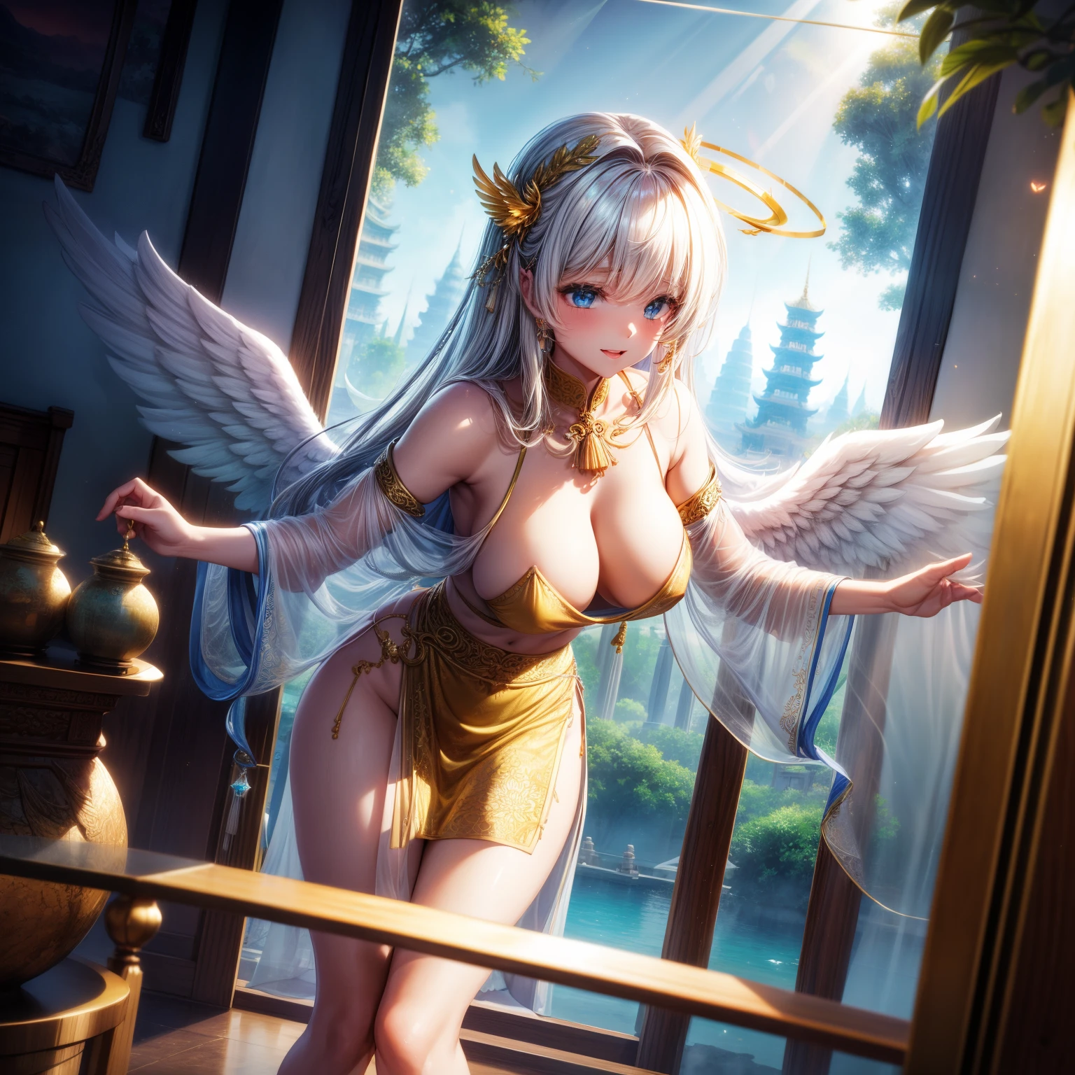 （8K ，hyper-detailing，ultra real photo，Best masterpiece，natural，Perfect artwork，Perfect female body），Two cute busty girls ，Hair color，（large tities），Angelic，Sankta，obsessed，the angel's wings，The halo，Angel is coming，Inside Guangming Yunhai Temple，Crystal Fish White Jade Pillar Ornaments，glorious paradise，beautiful paradise，golden brilliance，Wearing a see-through sexy gauze skirt，Sexy transparent dress，ssee-through，Built-in thong，The cracks are relatively large，stretch the meat，Raised sexy，Flirtatious，obscene exposure ，fully body photo