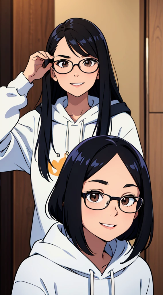 Profile picture, One Girl with black straight hair, straight hair, shoulder lenght hair. Brown eyes, wearing glasses, hair parted in middle, no bangs, no fringe, hair parted in center, round face, little chubby. Happy and smiling. Laughing face, Cute pose, Perfect body, perfect anatomy, detailed face, perfect hands, perfect fingers. Perfect body proportions. HD, clear picture. hairstyle with a center part, that the hair should be parted down the middle, creating a symmetrical look without any frontal hair covering the forehead. Wearing hoodie. Cute pose. Cute posing style. Blushing. Cute. Happy. Cute pose with happy face. Enjoying the moment. Nice and happy pose. Happy face, and happy pose. Profile picture,