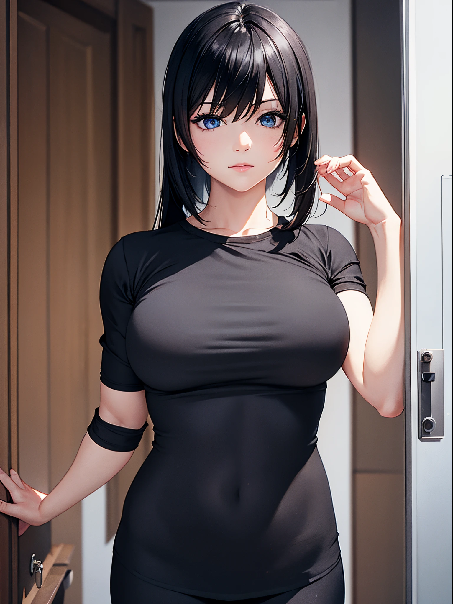 A woman who is，Wear black leggings，Posing for photos leaning against the door, The head is not exposed，Wearing half-sleeved upper body，[ 4K realism ]!!, [ 4K realism ]!!!, [ 4K digital art ]!!, Realistic shadow perfect body, realisticlying!!!!!!! art-style, photorealistic anime, by Shitao, Popular topics on cgstation, Casual pose, realistic anime 3D style