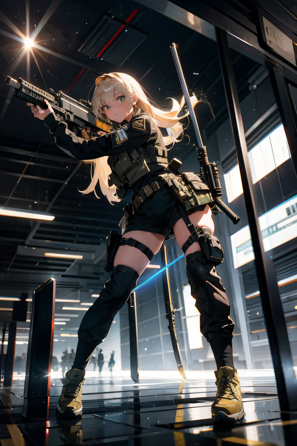{{Masterpiece, top quality, highly detailed CG, unified 8k wallpaper, movie lighting, lens flare}}, girl shooting rifle, wide view, full body, thick body, long blond hair, green eyes, (holding a weapon, holding a rifle, aiming, aiming: 1.4), gun, h&k hk416, carbine, open fire, firing, (1 girl soldier aiming a huge rifle), 24 years old, teeth out, special forces, from above, knee shooting,