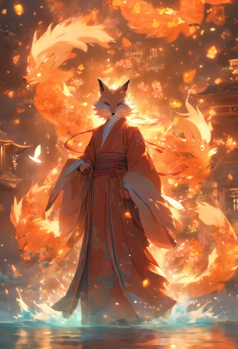(tmasterpiece), (Best quality at best), Cinematic quality,Rendered by Octane,Ultra-detailed details,1 boy,Cool action,Wearing ancient Chinese Hanfu,(Ancient Chinese Formation:1.2),Energy surrounds,light particle fluid,Fairy air fluttering,Luminous magic circle,Summon ancient beasts,(Behind him,is a huge fox:1.5)