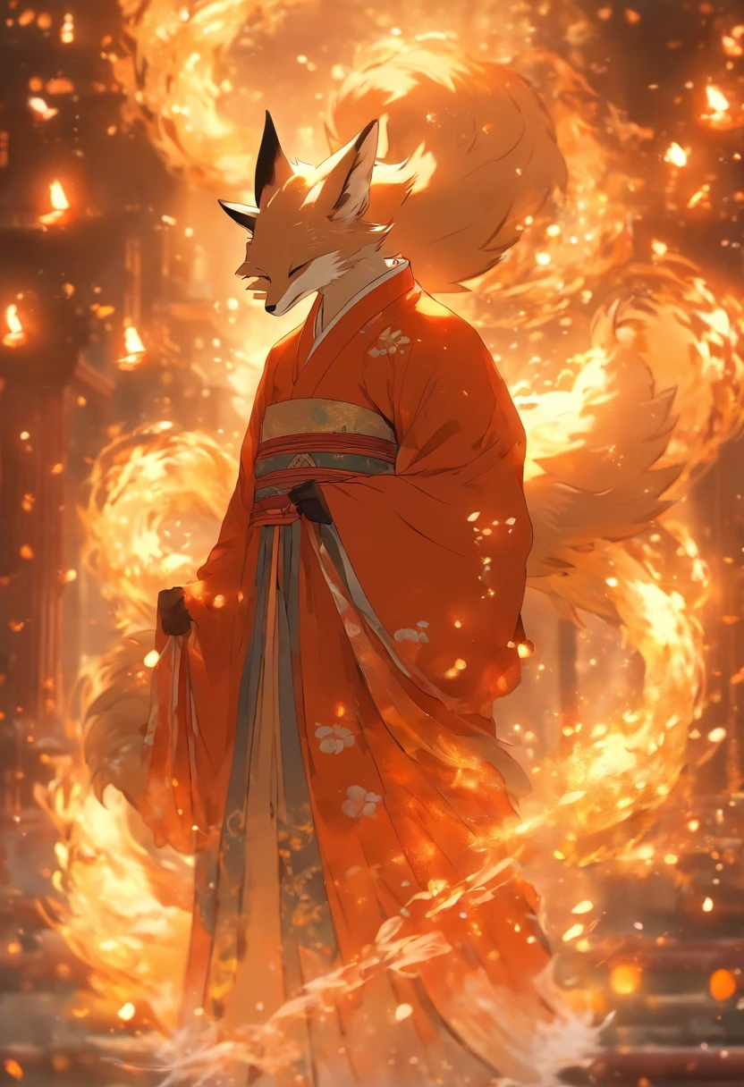 (tmasterpiece), (Best quality at best), Cinematic quality,Rendered by Octane,Ultra-detailed details,1 boy,Cool action,Wearing ancient Chinese Hanfu,(Ancient Chinese Formation:1.2),Energy surrounds,light particle fluid,Fairy air fluttering,Luminous magic circle,Summon ancient beasts,(Behind him,is a huge fox:1.5)