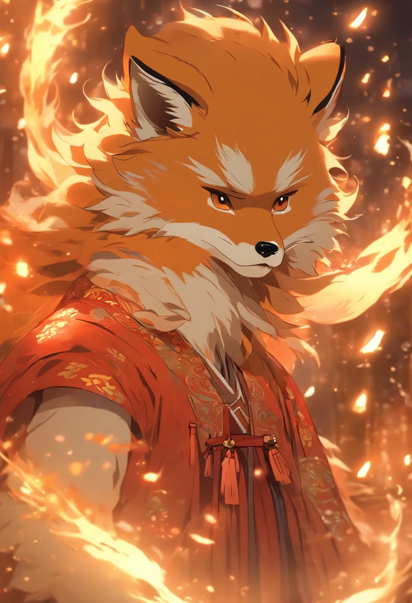 (tmasterpiece), (Best quality at best), Cinematic quality，Rendered by Octane，Ultra-detailed details，1 boy,Cool action，Wearing ancient Chinese Hanfu，(Ancient Chinese Formation:1.2),Energy surrounds，light particle fluid，Fairy air fluttering，Luminous magic circle，Summon ancient beasts，（Behind him，is a huge fox：1.5）