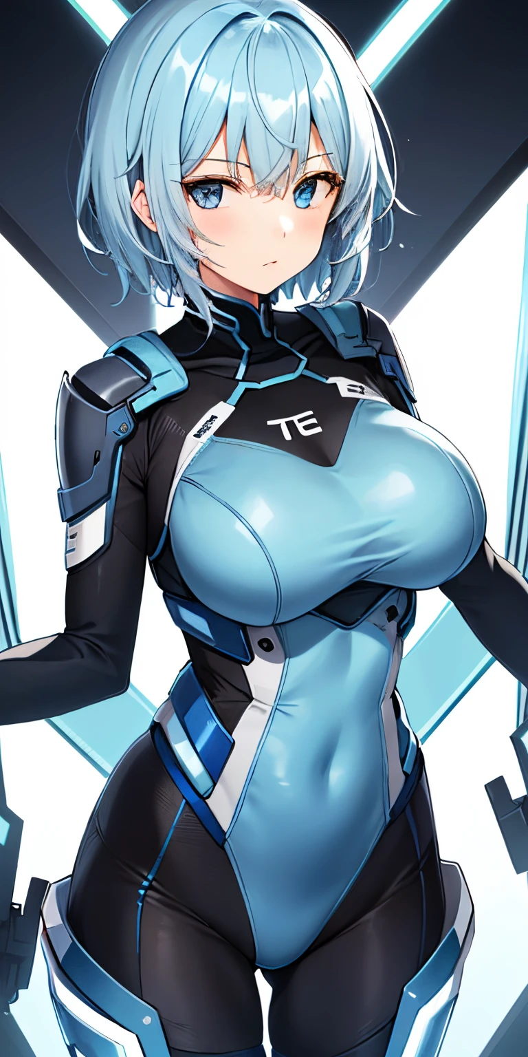 1girl in, 独奏,high-level image quality , light blue short hair,,tits out, large full breasts,Rider Suit,
