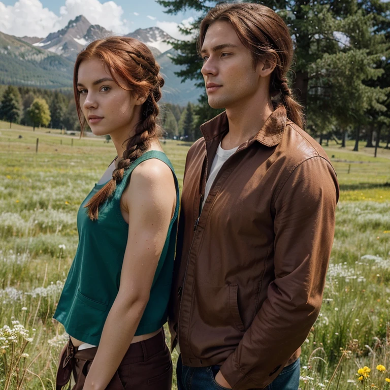 1girl, 1boy, girl: pretty face, 25 years old, red hair, braid on shoulder, green shirt, green vest, dark cargo pants. BREAK boy: brown hair, tall, 30 years old, messy hair, red shirt, blue jeans, muscular body BREAK holding hands, open meadow, forest, mountains in background
