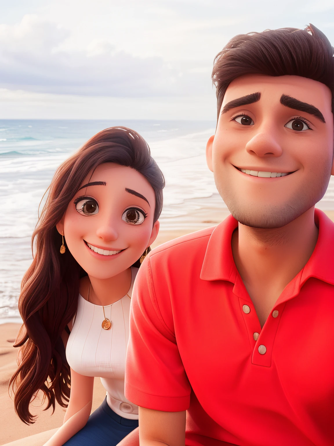 there is a man and a woman sitting on the beach, in love selfie, lovely couple, at a beach, 8k selfie photograph, smiling couple, jayison devadas, on a beach, posing on a beach with the ocean, very very low quality picture, on beach, facebook post, insane smile, happy couple, shot on nikon z9