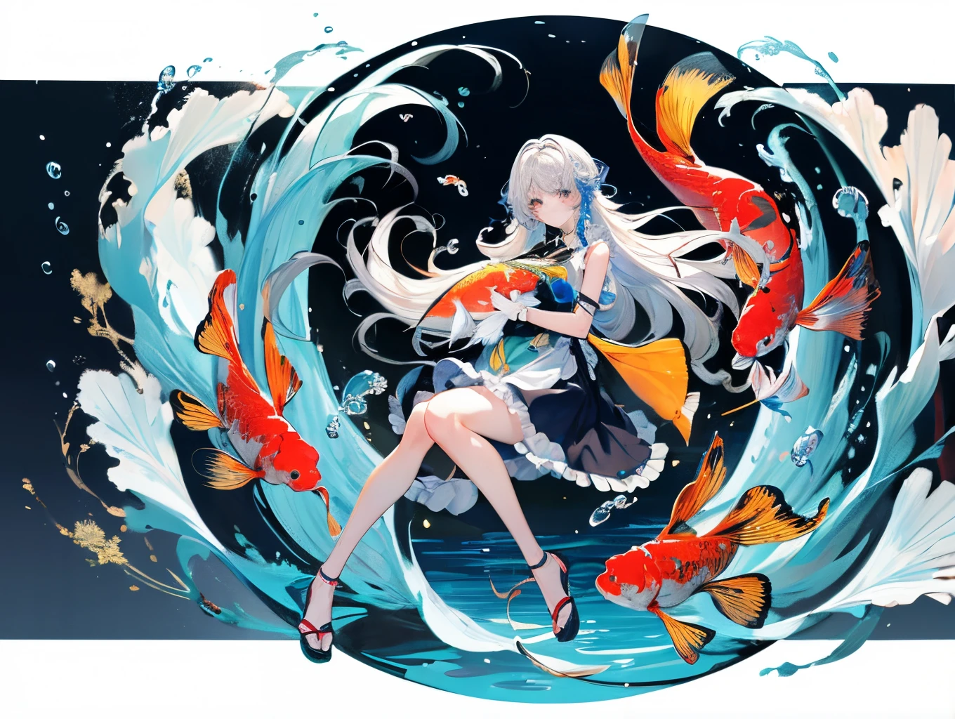 In the deep sea, a long-haired girl holds a koi fish in her arms,Ultra-clear,2D,Emphasize red and blue,golden section。