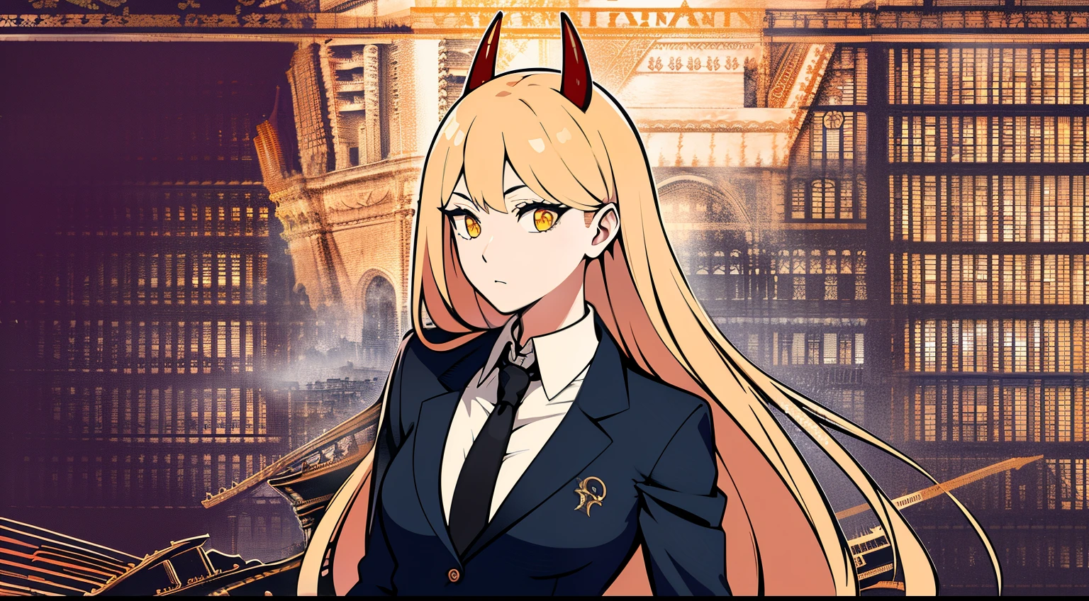 masutepiece, (hyper detailed background, Delicate pattern, intricate detailes, Highly detailed, Fine details), Best Quality, power, 1girl in, Horns, Solo, cross-shaped pupils, Long hair, Yellow eyes, ((Blonde hair, Small breasts)), red horns, Jacket, (intricate detailed background, Inside, (((cross-shaped pupils, symbol-shaped pupils))), White shirt, Collared shirt, black necktie, Blue jacket,Lots of buildings in the background
