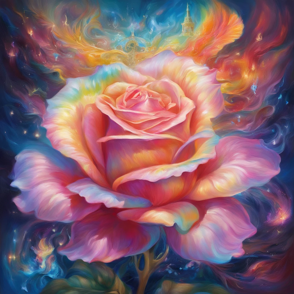 A radiant rose with petals displaying rainbow-like colors,emanating the light of both the sun and the moon,Crystal material,Light,cleanness,Reflective,refractions,Ray traching,super-fine,Hyper-realistic,best qualtiy
