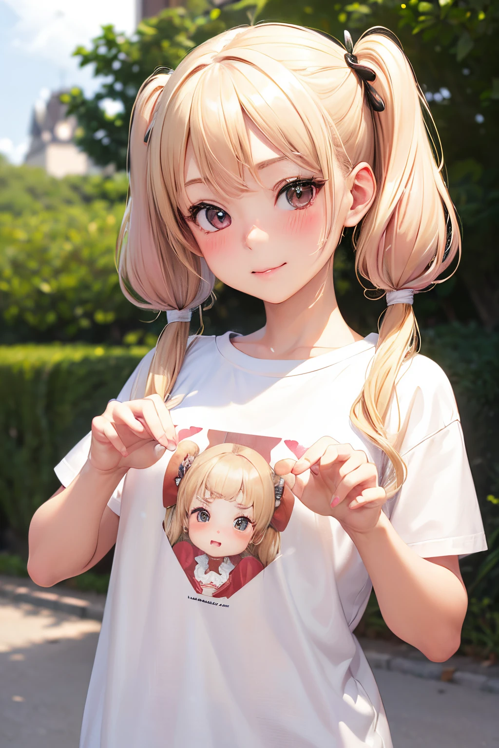 of the highest quality, masutepiece, Ultra high definition, (Photorealistic: 1.4), (Look off: 1.4), (Look off: 1.4), Don't look at the camera, Raw photo, One girl, (Patsun: 1.4), Bangs, Smile, Glossy skin, Dramatic Lighting, neat, T-shirt, White summer sweater, a park,(((Petite girl with blonde twin tails))),,,(((SFW))),,(((kawaii pose))),(((red blush))),(((Cute voice))),