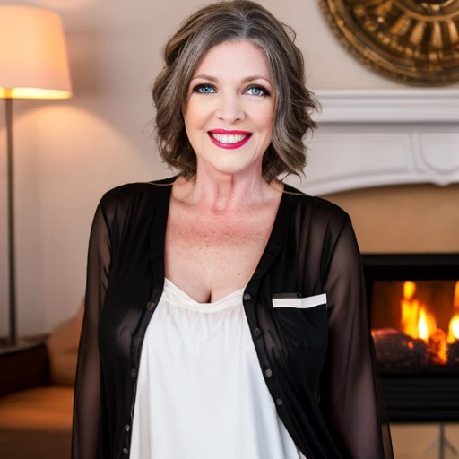 photo of a 50-year-old woman with straight short brown hair, white skin, beautiful eyes, rounded face, wearing a short black nightgown, black heels, fireplace in the background, ultra realistic, 32 k uhd