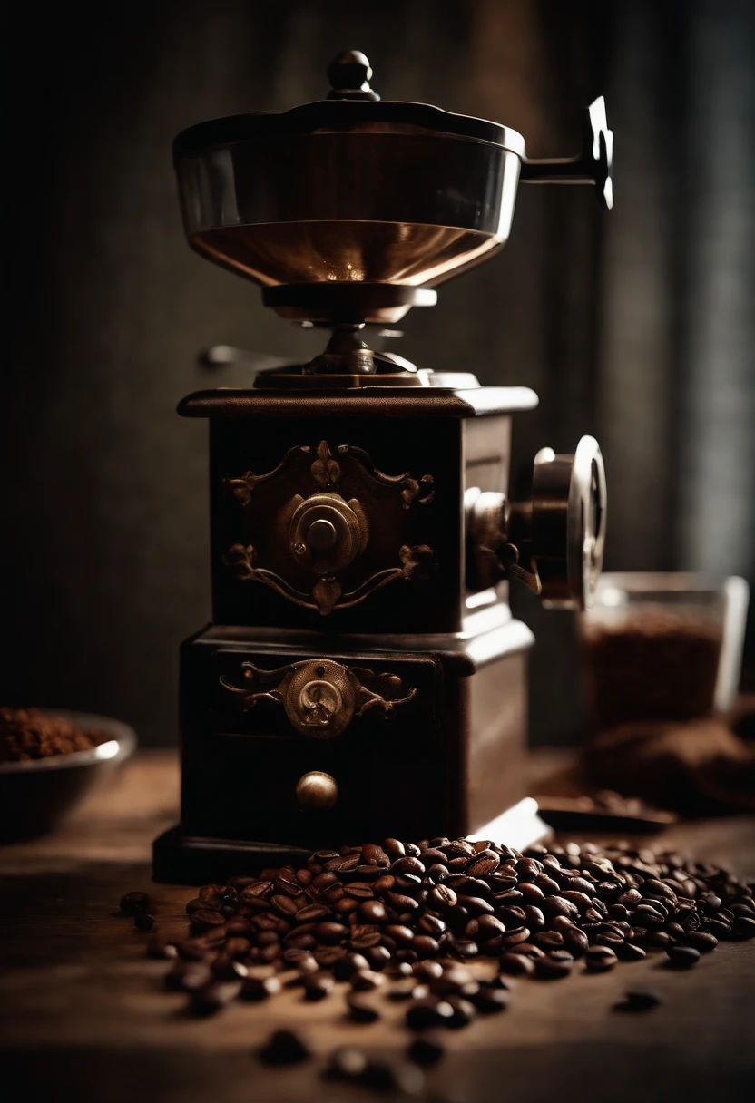 A visually stunning composition of a coffee grinder with a pile of fresh coffee beans next to it, capturing the process of grinding beans and evoking the aroma and anticipation of a freshly brewed cup of coffee.