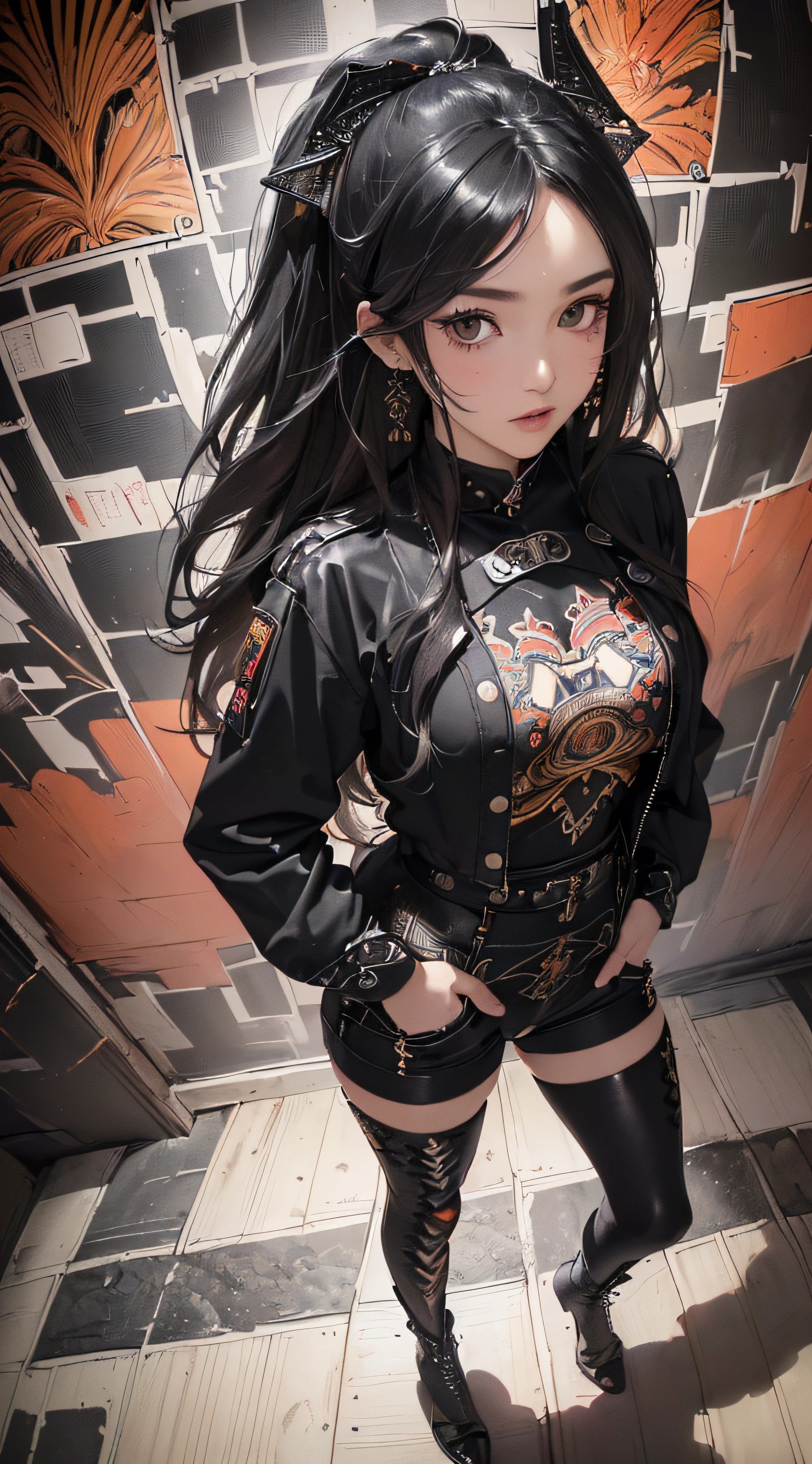 (((8k wallpaper of extremely detailed CG unit:1.2, masterpiece, hight resolution:1.2, top-quality:1.2, masutepiece))), ((a very beautiful woman, Hands in pockets:1.8, Grunge Fashion:1.2, Wear outerwear:1.2, Wearing hot pants, wearing tights and boots)), ((extra detailed face, Highly detailed black eyes:1.2, extra detailed body, Top quality real texture skins)), (A dark-haired, length hair, de pele branca), ((Colorful geometric patterns are painted all over the wall.)), (high-angle:1.2, Fisheye:1.3), hyper realisitic, digitial painting,