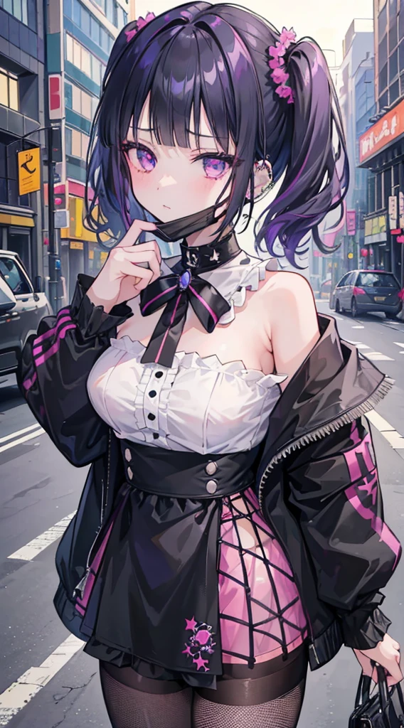 (8k、Top image quality、top-quality、​masterpiece)、1 girl in、Black hair twintails、short-hair、waved hair、blunt bangs、Purple eyes、expressionless、piercings、Moderately breasts、Pink ruffled clothing、off shoulder strapless、Black miniskirt、((Fishnet tights))、cowboy  shot、Downtown background at night