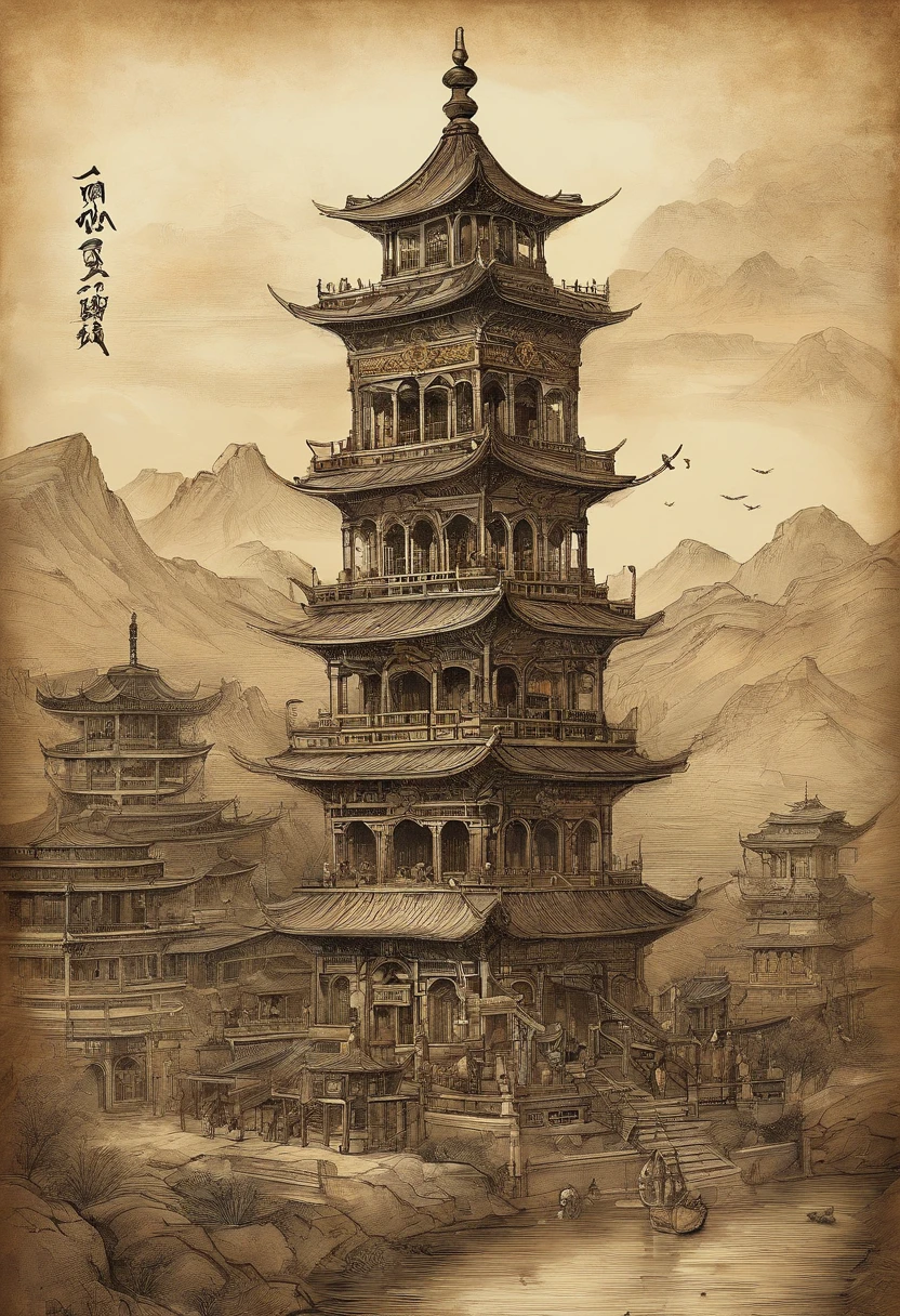 Xi'an Bell Tower,Silk Road,ancient buildings,Chinese painting style