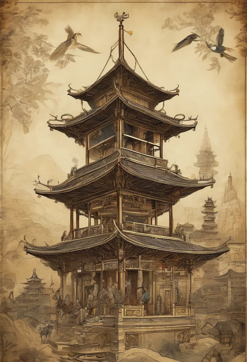 Xi'an Bell Tower,Silk Road,ancient buildings,Chinese painting style