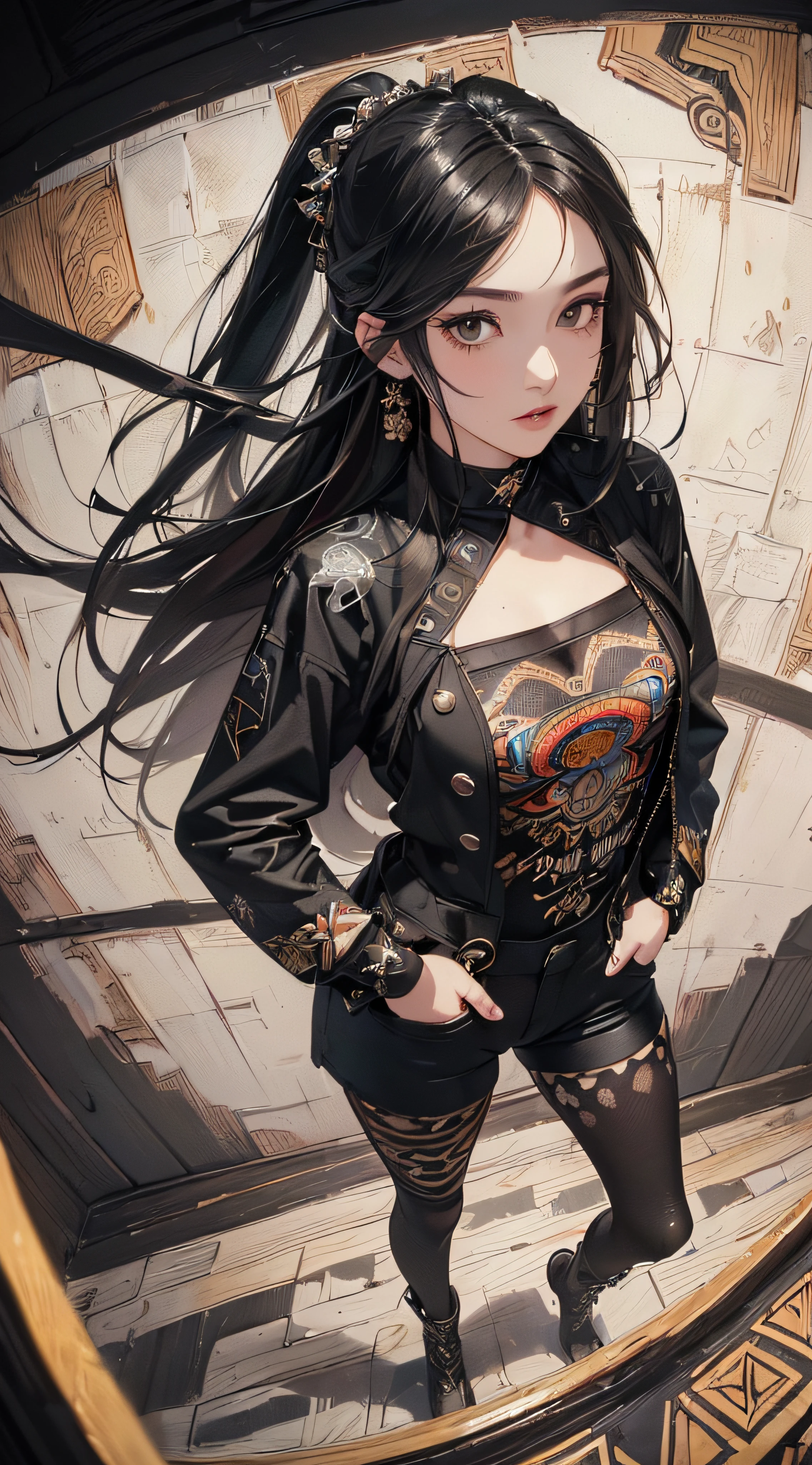 (((8k wallpaper of extremely detailed CG unit:1.2, masterpiece, hight resolution:1.2, top-quality:1.2, masutepiece))), ((a very beautiful woman, Hands in pockets:1.8, Grunge Fashion:1.2, Wear outerwear:1.2, Wearing hot pants, wearing tights and boots)), ((extra detailed face, Highly detailed black eyes:1.2, extra detailed body, Top quality real texture skins)), (A dark-haired, length hair, de pele branca), ((Colorful geometric patterns are painted all over the wall.)), (high-angle:1.2, Fisheye:1.3), hyper realisitic, digitial painting,