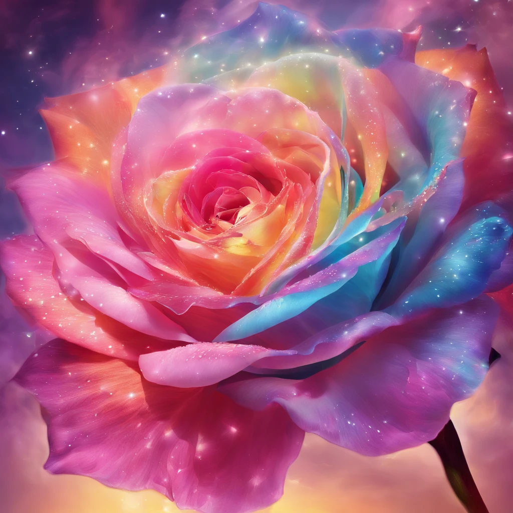 radiant rose,Petals in rainbow colors,Radiating the light of the sun and moon,Crystal material,optic,cleanness,Reflective,refractions,ray traycing,ultradetailed,hyper realisitc,Ultra photo realsisim,Best quality