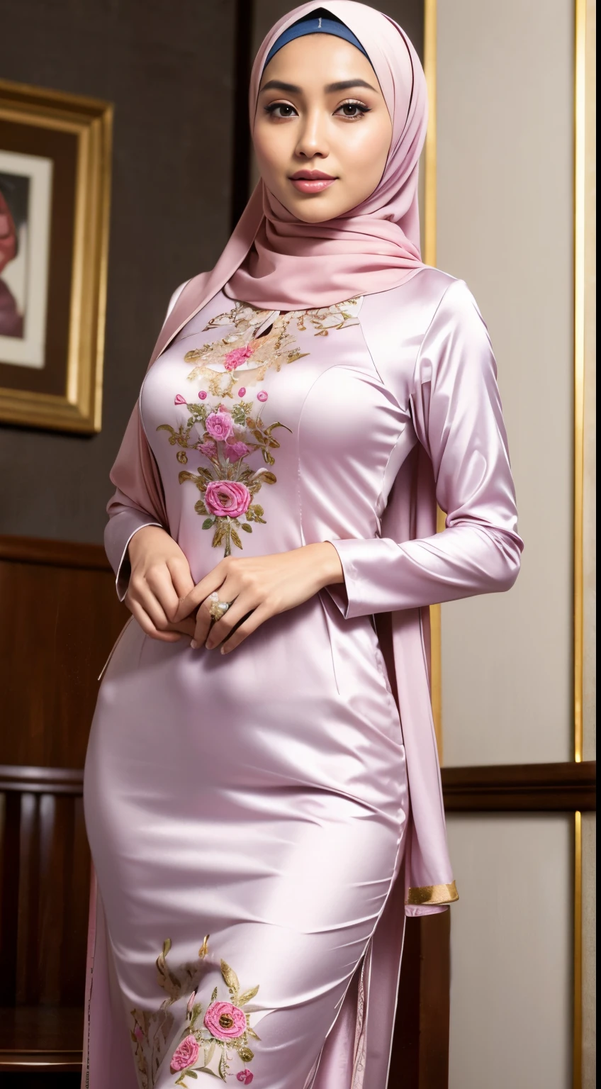 (Close Up),RAW, Best quality, high resolution, masterpiece: 1.3), beautiful Malay woman in hijab,Masterpiece, perfect fit body, ((Huge breast)), big gorgeous eyes, Soft smile,beautiful face,thick thighs, woman in a pink dress standing in a living room, wearing pink floral gown, idian dress, modest flowing gown, full covered dress, long dress female, pink dress, pastel pink, full dress, dressed in a pink dress, frock, elegant dress, royal gown, wearing long gown, gown, ao dai, hijabi, she is smiling,Delicate turtleneck, shairband, afternoon walk, City garden, Excellent lighting, Bright colors, Clean lines