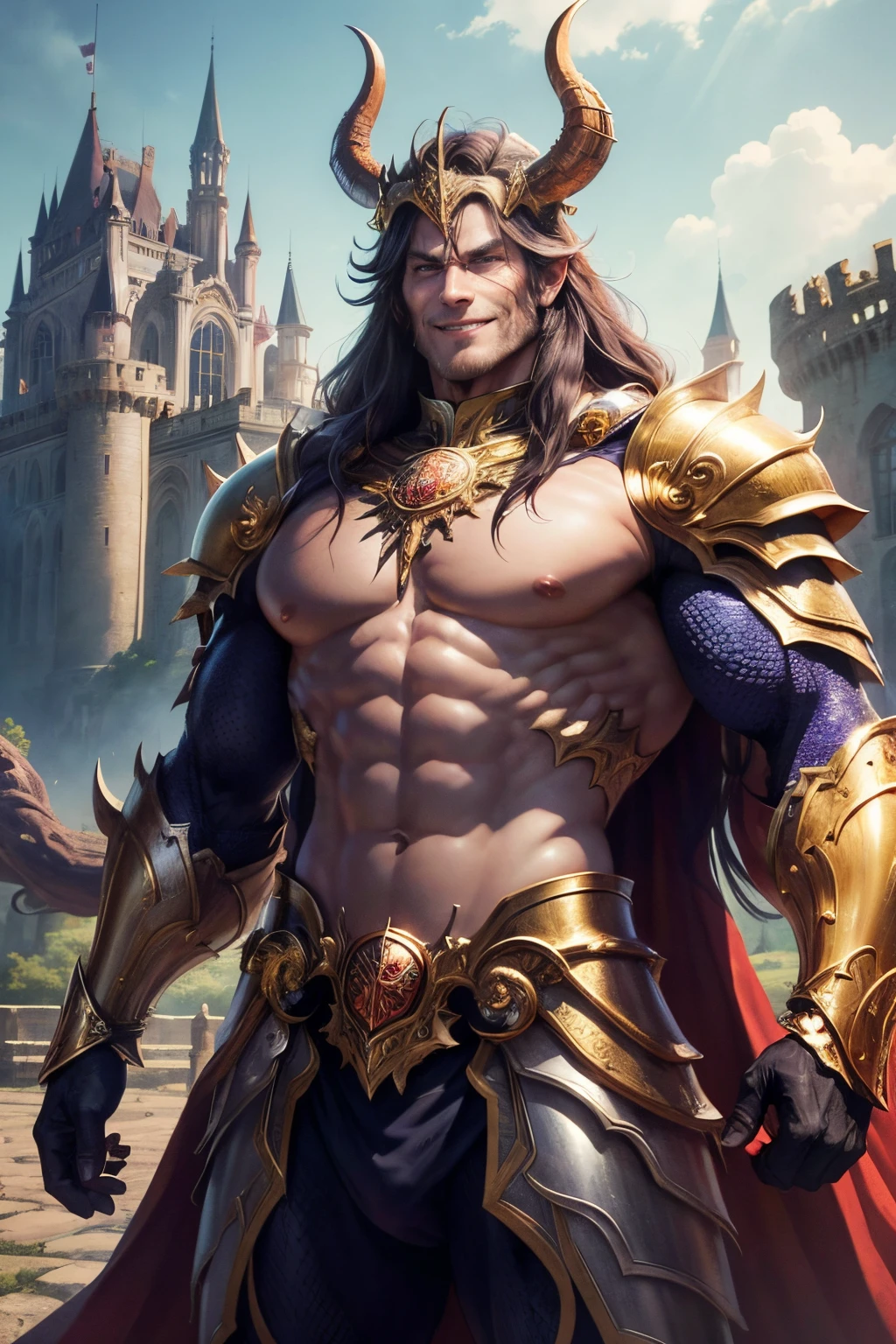 (absurdes, hauts, Ultra detailded), 1 homme, adulte, beau, tall muscular man, broad shoulders, finely detailed eyes and detailed face, cheveux longs, fantaisie, fond magnifique, Throne, effet magique, flamme full body covered with outfit and Armor