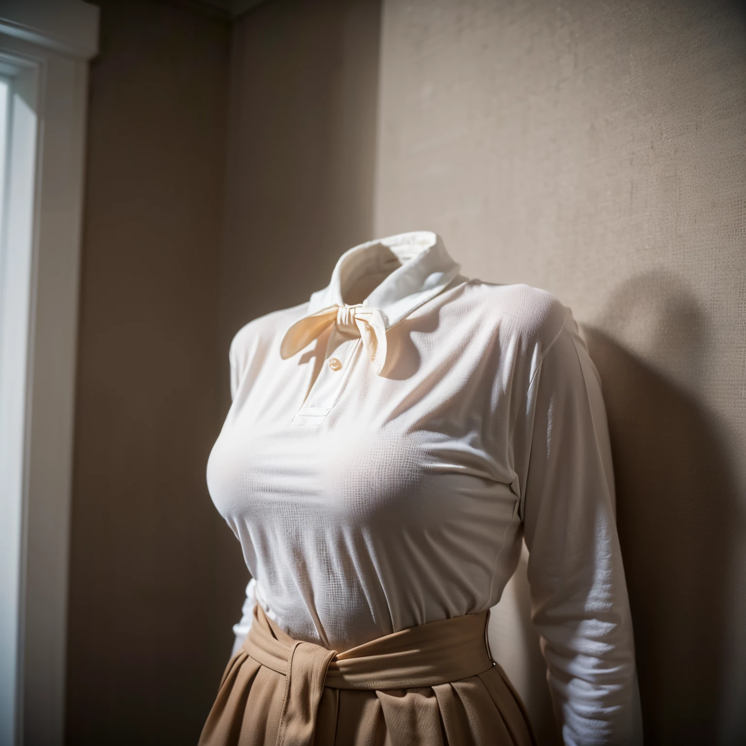 nsfw, (chubby, fat), ((on hanger)), school uniform, school tie, closet, (naked above the waist, stripped to the waist, shirtless), (invisible upper body), (Seductive pose, cute pose), (invisible:1.5, no humans:1.5, headless:1.5, faceless:1.5), (cute big breasts), (8k, RAW photo, best quality, masterpiece:1.2), (realistic, photo-realistic:1.37), photon mapping, radiosity, ((Hasselblad photography)), physically-based rendering