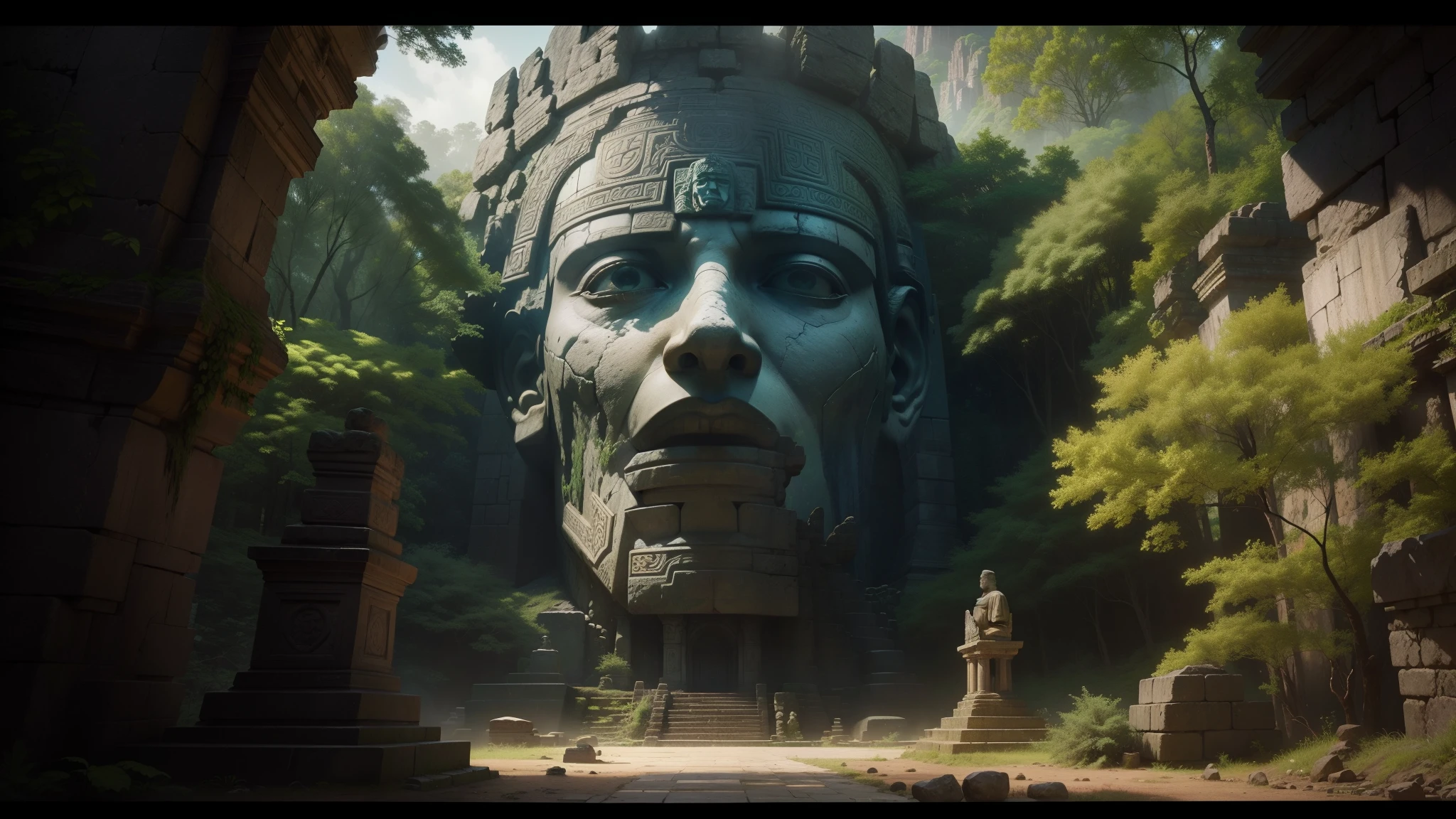 there is a statue of a man in a hat in a cave, cinematic cgsociety, in the art style of quetzecoatl, still image from the movie, giant head statue ruins, inspired by Karel Dujardin, inca themed smooth, travel ad, the witness